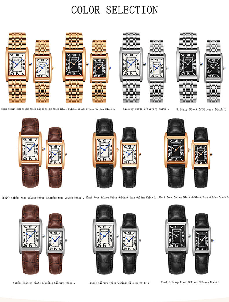 Sanda Live Hot Couple Watch Vintage Square Quartz Watch Waterproof Roman Scale Men's and Women's Watches