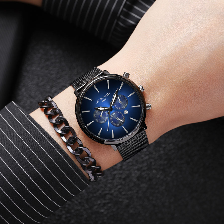 Men's Mesh Band Watch Fashion Calendar Quartz Watch Business Casual Business Men's Cool Blue Watch