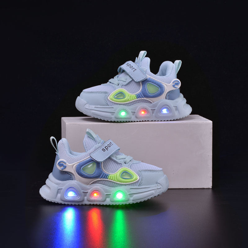 Spring and Autumn New Children's Luminous Mesh Shoes Men's and Women's Baby Shoes Lights Soft Sole Children's Velcro Casual sneaker Trendy