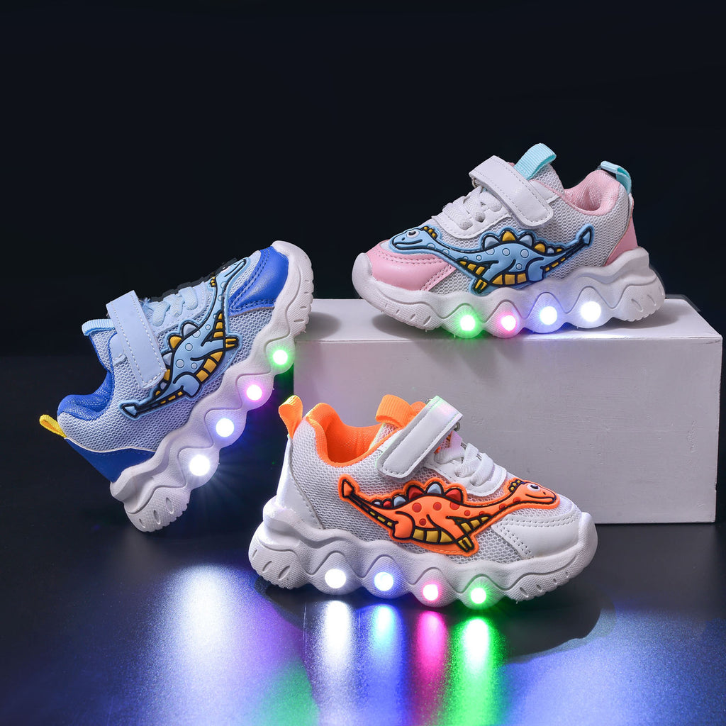 Spring New Style Dinosaur Led Light Sneakers for Boys and Girls Spring & Fall New Mesh Breathable Casual Light Shoes for Children