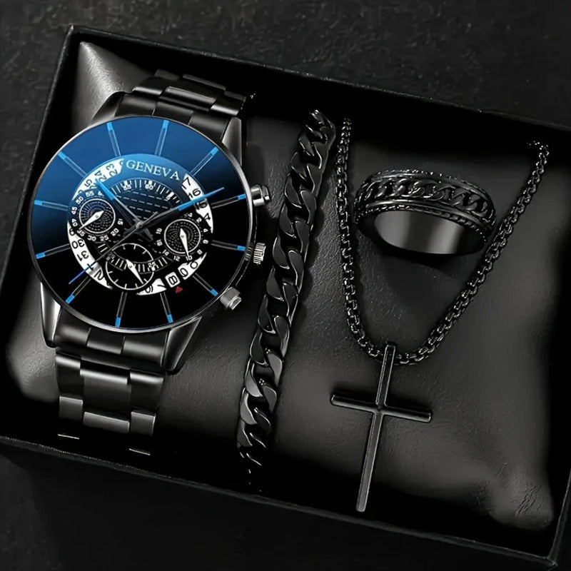 🔥🔥🔥🔥🔥Men's 4-piece Luxury Stainless Steel Quartz Watch with Calendar Gold Cross Necklace Bracelet and Ring