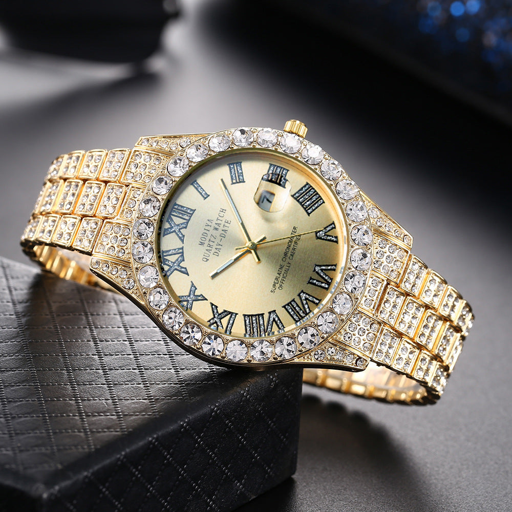 Diamond-Encrusted Watches,🔥🔥🔥🔥 Diamond-Shaped Cuban Bracelets and Necklaces, Three-Piece Set