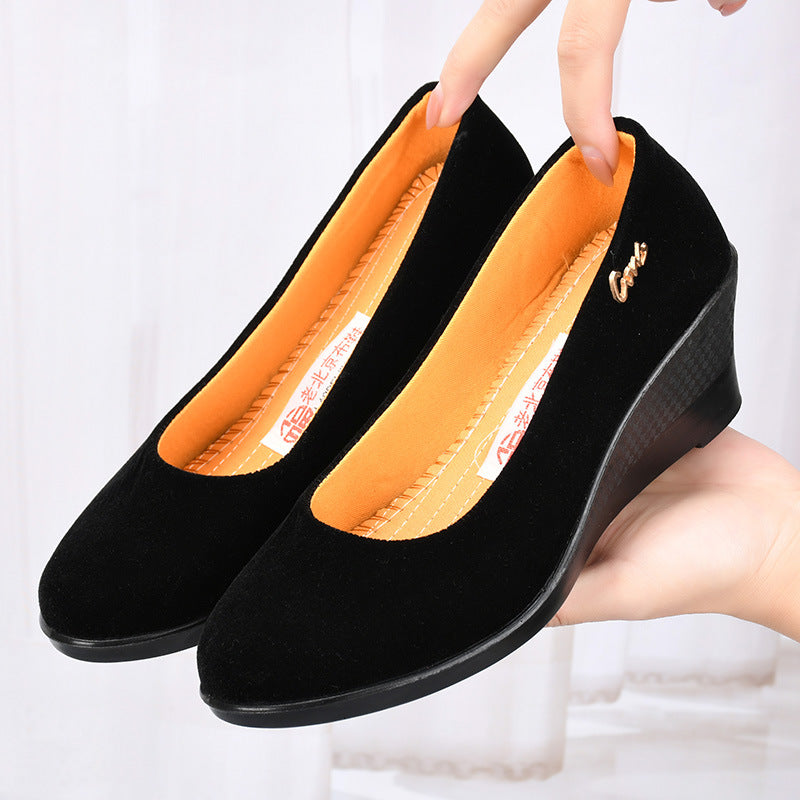 Black Polyurethane Shoes with Thick Soles and Wedge Heels, Women's Shoes