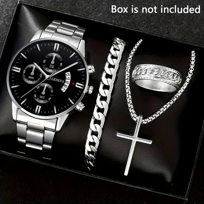 🔥🔥🔥🔥🔥Men's 4-piece Luxury Stainless Steel Quartz Watch with Calendar Gold Cross Necklace Bracelet and Ring