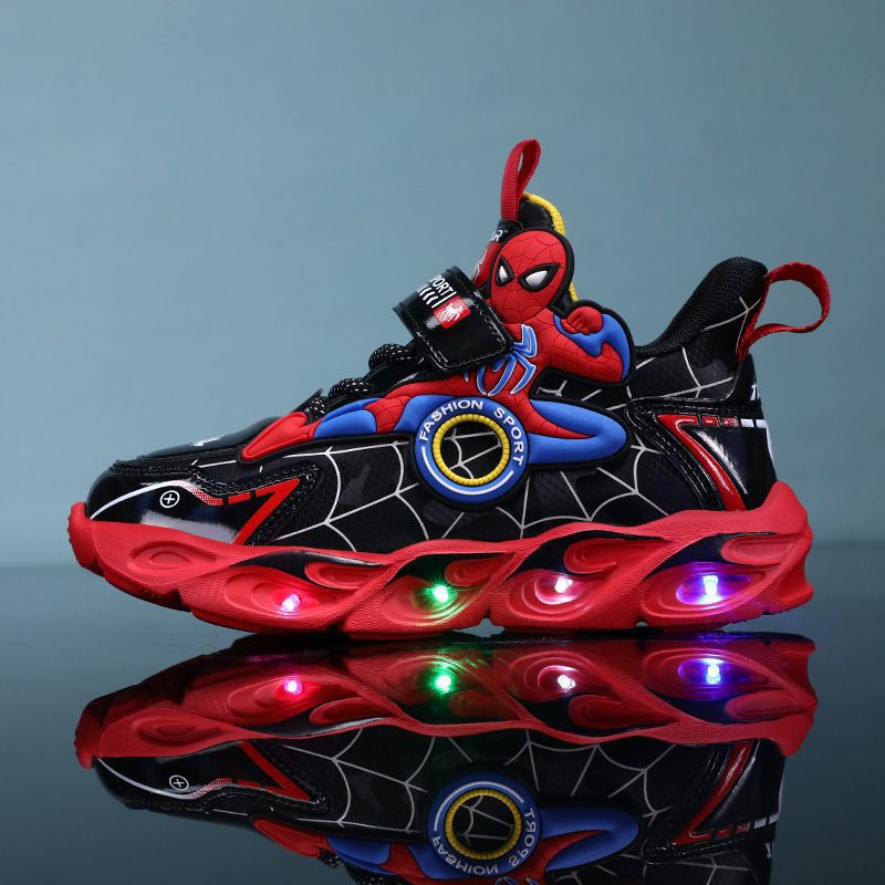 Boys' Shoes Anti-Slip Mid-Leat Running Shoes Leather with Lights Spider-Man Children's Sports Shoes Autumn Lightweight