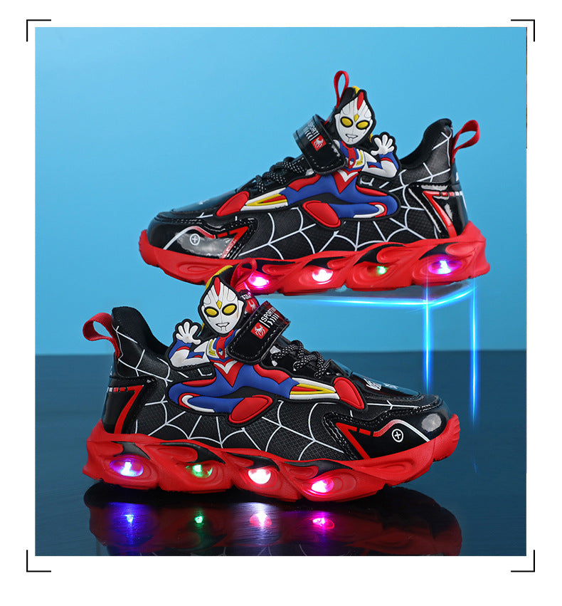 Boys' Shoes Anti-Slip Mid-Leat Running Shoes Leather with Lights Spider-Man Children's Sports Shoes Autumn Lightweight