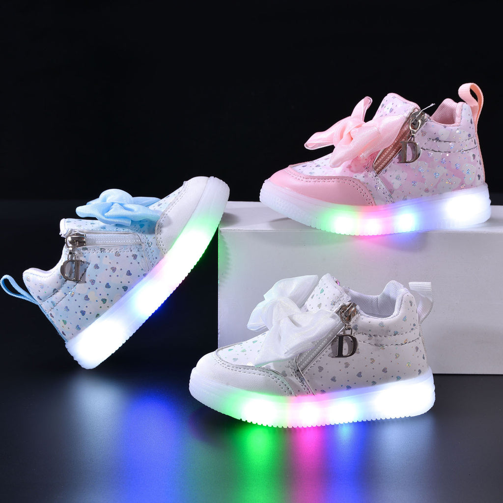 Spring and Autumn New Girls Princess LED Lighting Small and Medium Girls Casual Bow Sports Soft Sole Shoes Factory Outlet