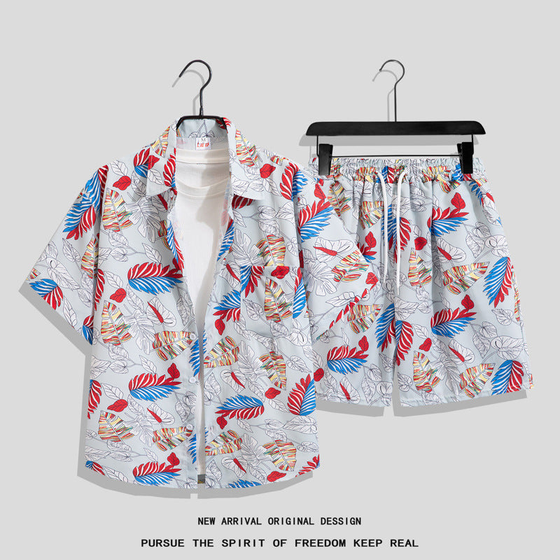 Men's Ins Summer Loose Short-Sleeved Shorts Suit Trendy and Handsome Beach Floral Couple Clothes Hawaiian Style Shirt