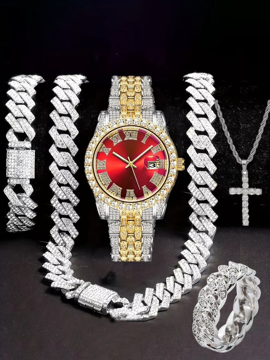 Diamond Watch🔥🔥🔥🔥 Five-Piece Diamond Cuban Chain Cross Necklace Cuban Ring