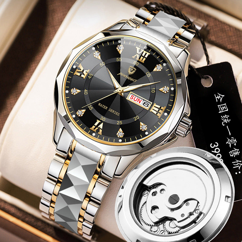 men's watch butterfly buckle steel belt luminous waterproof calendar Diamond