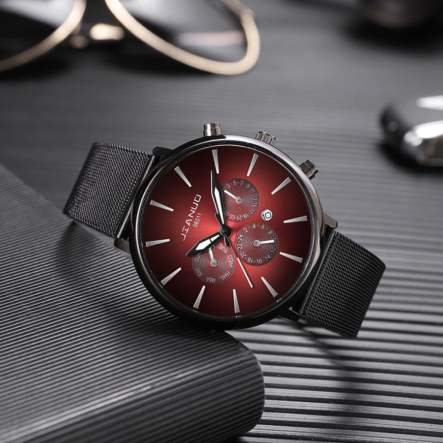 Men's Mesh Band Watch Fashion Calendar Quartz Watch Business Casual Business Men's Cool Blue Watch