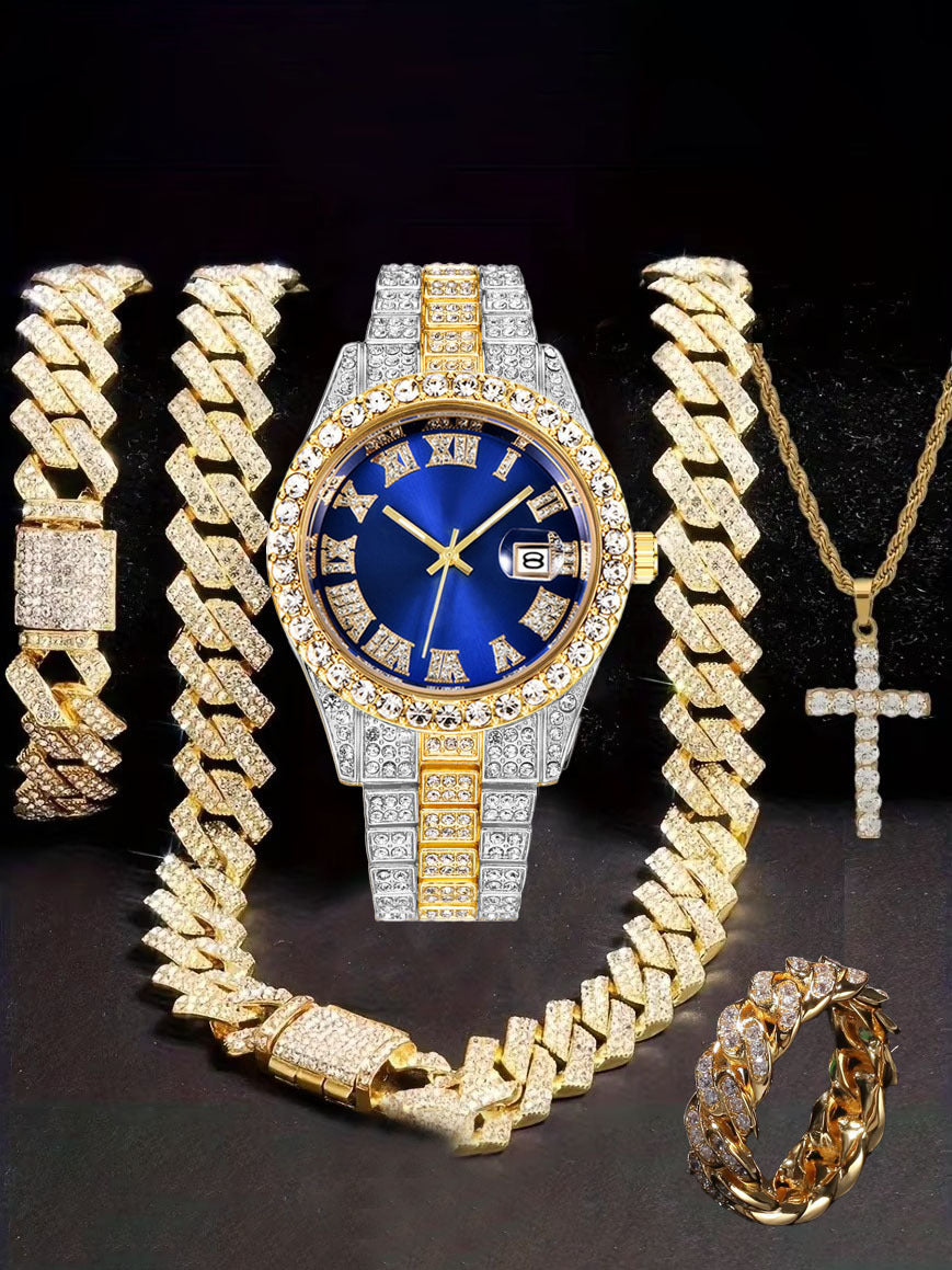 Diamond Watch🔥🔥🔥🔥 Five-Piece Diamond Cuban Chain Cross Necklace Cuban Ring