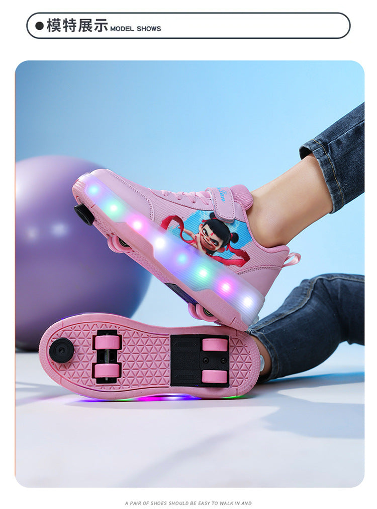 Factory Direct Sale Children's Light-Up Roller Shoes with Double Wheels, Invisible Student Roller Skates with Wheels for Walking, Suitable for Girls