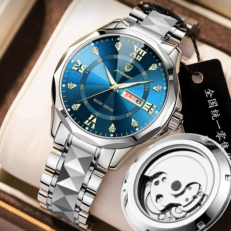 men's watch butterfly buckle steel belt luminous waterproof calendar Diamond