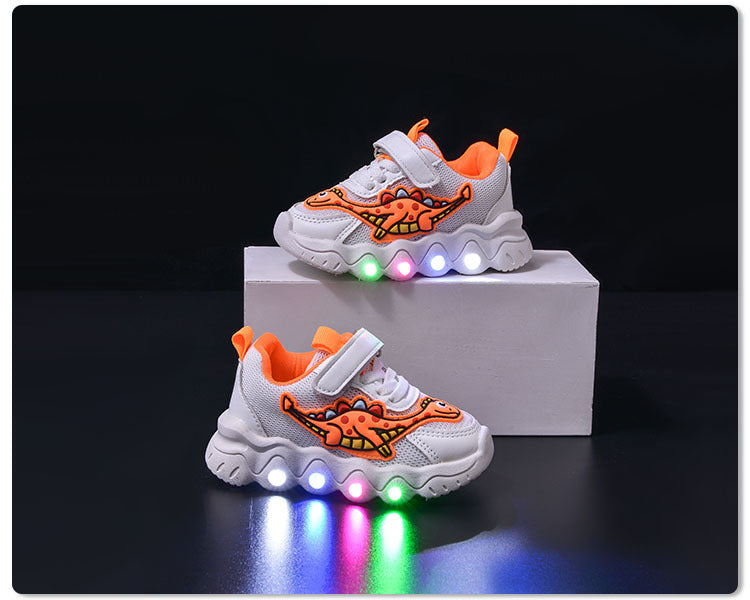 Spring New Style Dinosaur Led Light Sneakers for Boys and Girls Spring & Fall New Mesh Breathable Casual Light Shoes for Children