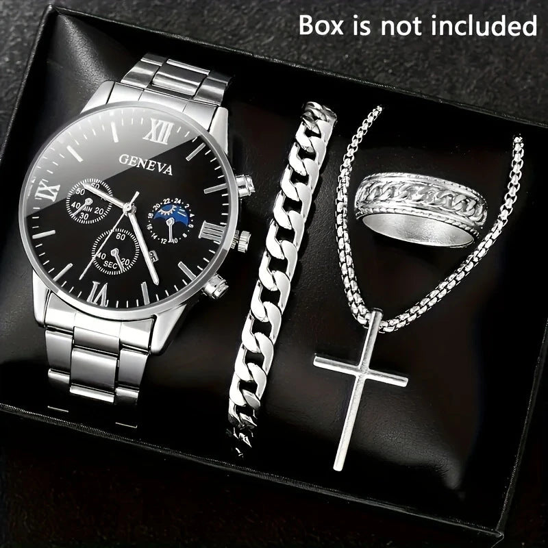🔥🔥🔥🔥🔥Men's 4-piece Luxury Stainless Steel Quartz Watch with Calendar Gold Cross Necklace Bracelet and Ring