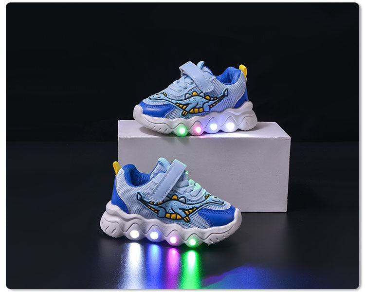 Spring New Style Dinosaur Led Light Sneakers for Boys and Girls Spring & Fall New Mesh Breathable Casual Light Shoes for Children