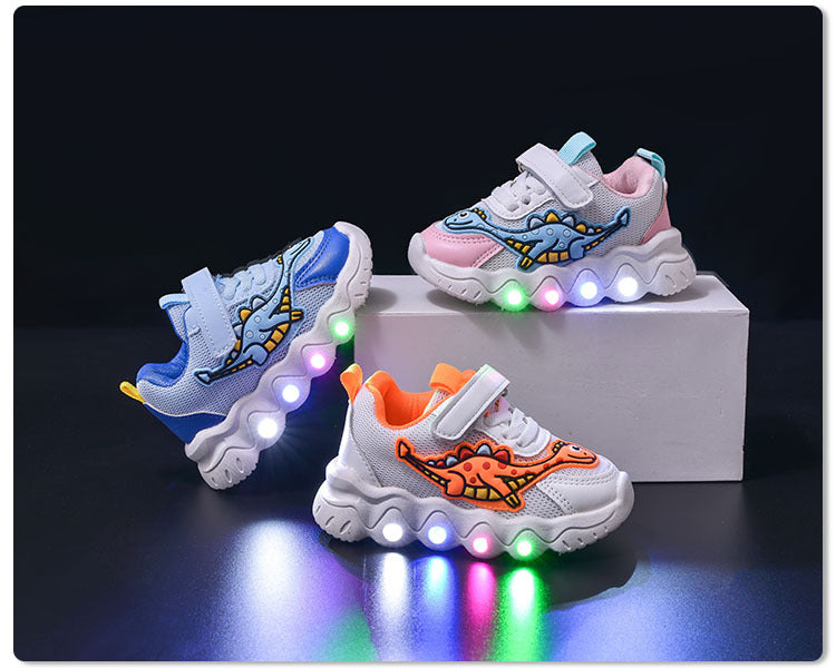 Spring New Style Dinosaur Led Light Sneakers for Boys and Girls Spring & Fall New Mesh Breathable Casual Light Shoes for Children