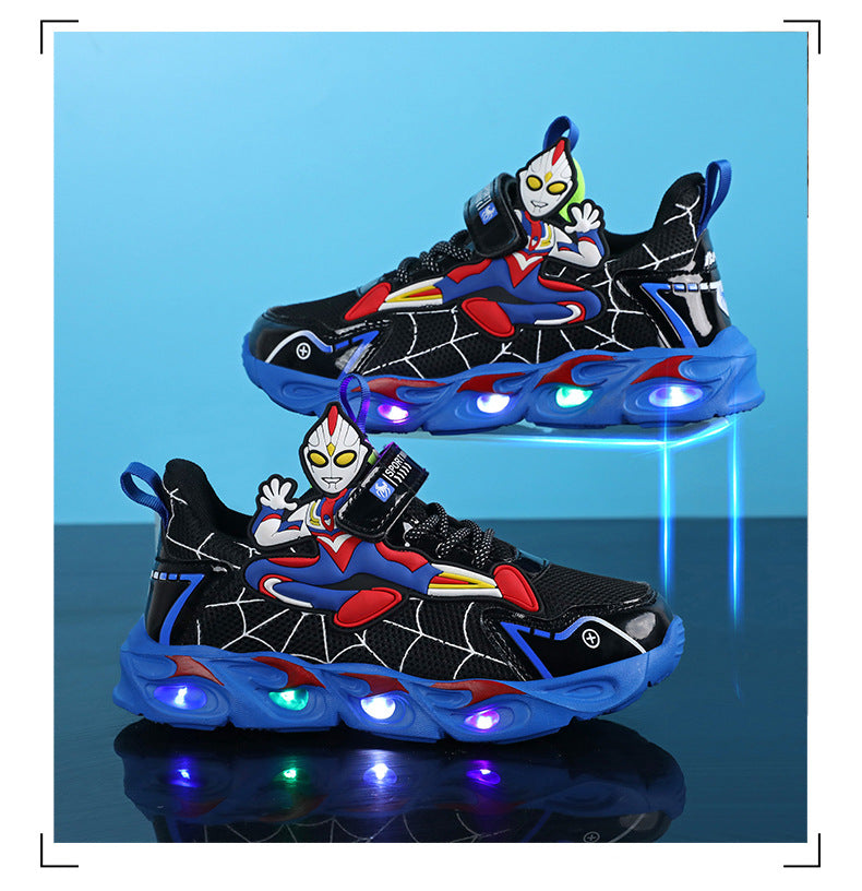 Boys' Shoes Anti-Slip Mid-Leat Running Shoes Leather with Lights Spider-Man Children's Sports Shoes Autumn Lightweight