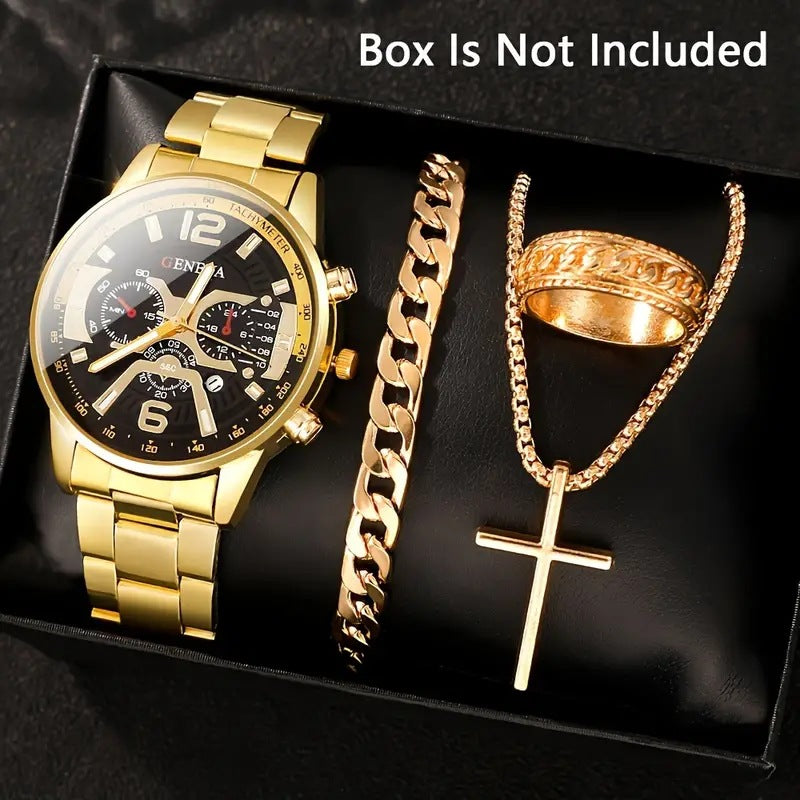 🔥🔥🔥🔥🔥Men's 4-piece Luxury Stainless Steel Quartz Watch with Calendar Gold Cross Necklace Bracelet and Ring