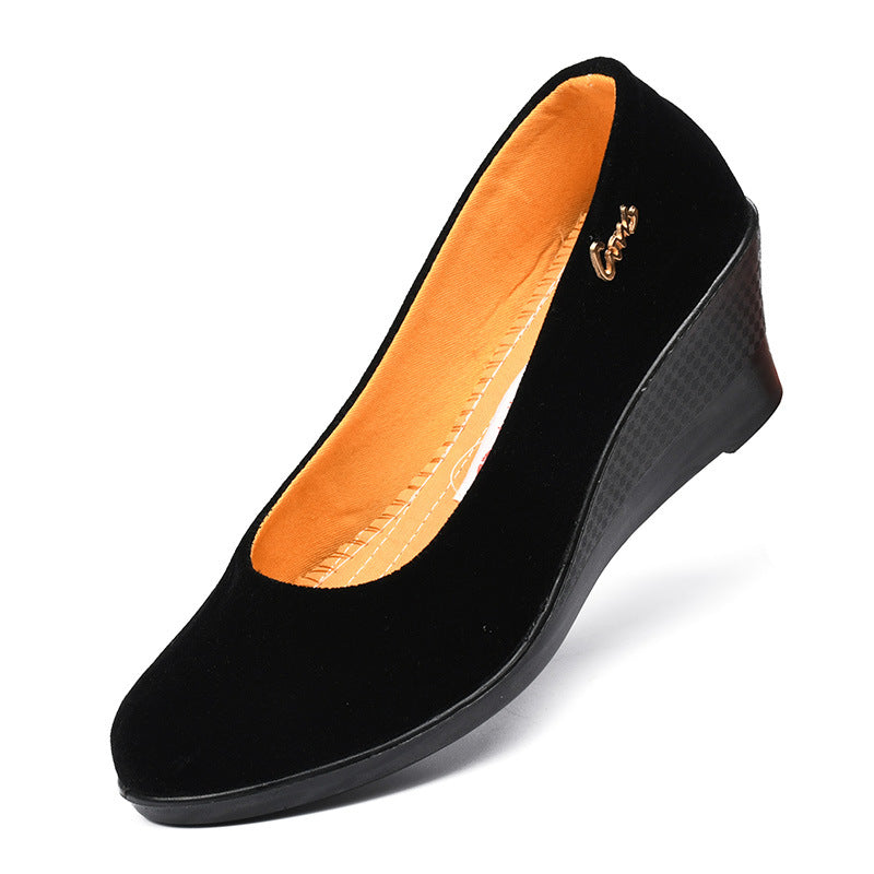 Black Polyurethane Shoes with Thick Soles and Wedge Heels, Women's Shoes