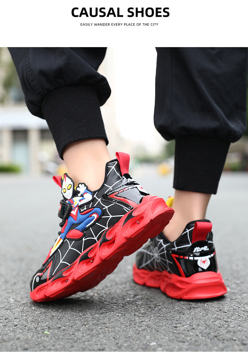 Boys' Shoes Anti-Slip Mid-Leat Running Shoes Leather with Lights Spider-Man Children's Sports Shoes Autumn Lightweight