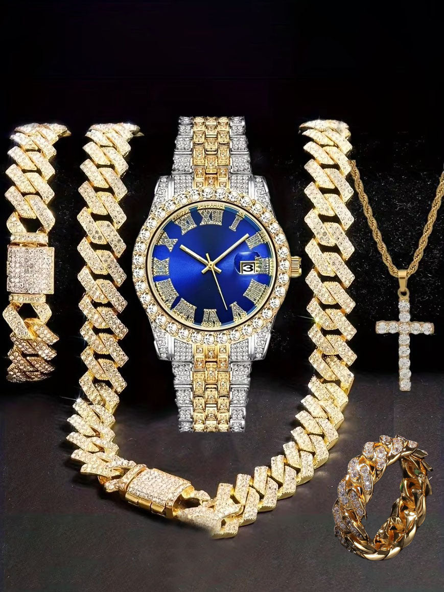 Diamond Watch🔥🔥🔥🔥 Five-Piece Diamond Cuban Chain Cross Necklace Cuban Ring