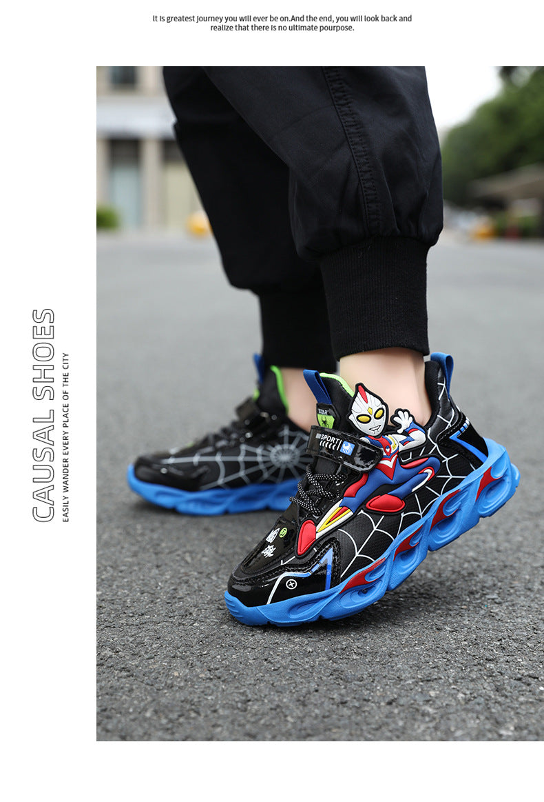 Boys' Shoes Anti-Slip Mid-Leat Running Shoes Leather with Lights Spider-Man Children's Sports Shoes Autumn Lightweight