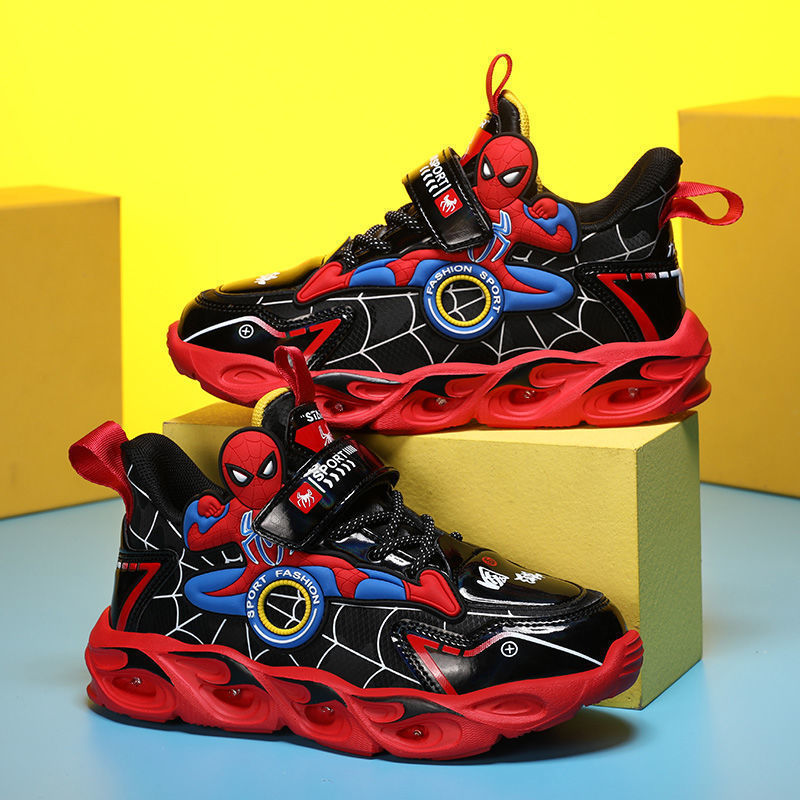 Boys' Shoes Anti-Slip Mid-Leat Running Shoes Leather with Lights Spider-Man Children's Sports Shoes Autumn Lightweight