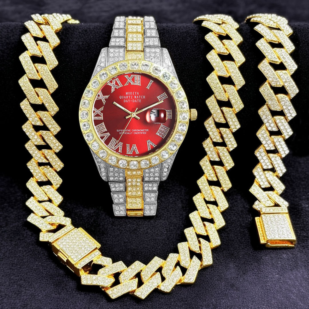 Diamond-Encrusted Watches,🔥🔥🔥🔥 Diamond-Shaped Cuban Bracelets and Necklaces, Three-Piece Set