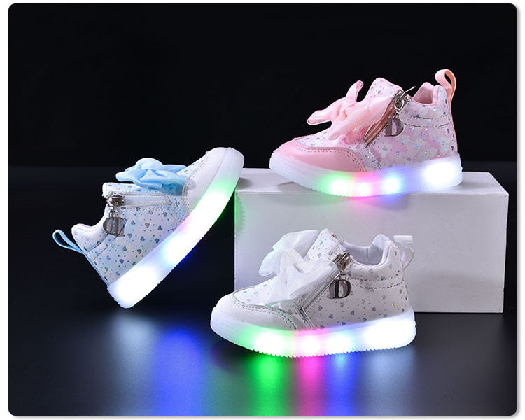 Spring and Autumn New Girls Princess LED Lighting Small and Medium Girls Casual Bow Sports Soft Sole Shoes Factory Outlet