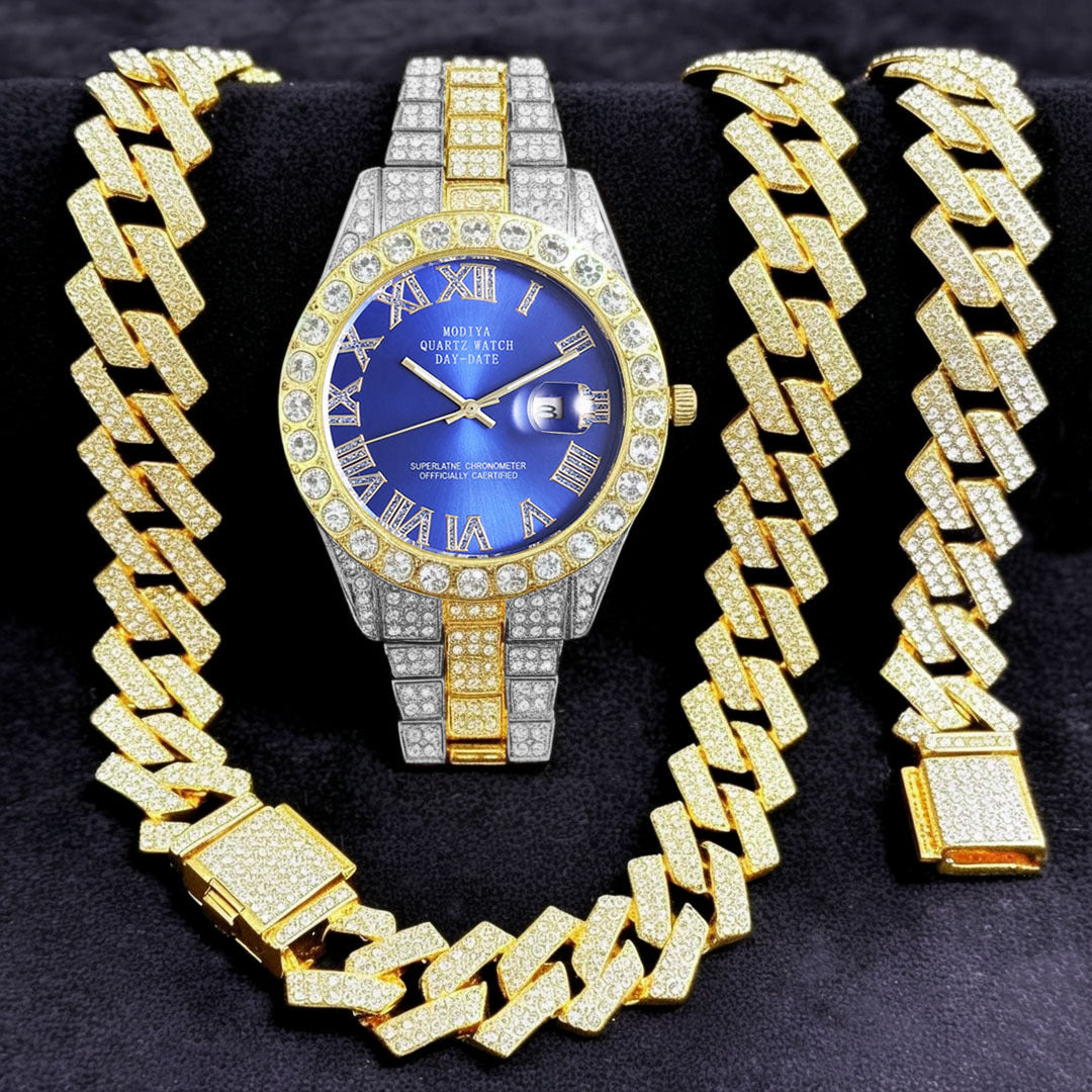 Diamond-Encrusted Watches,🔥🔥🔥🔥 Diamond-Shaped Cuban Bracelets and Necklaces, Three-Piece Set