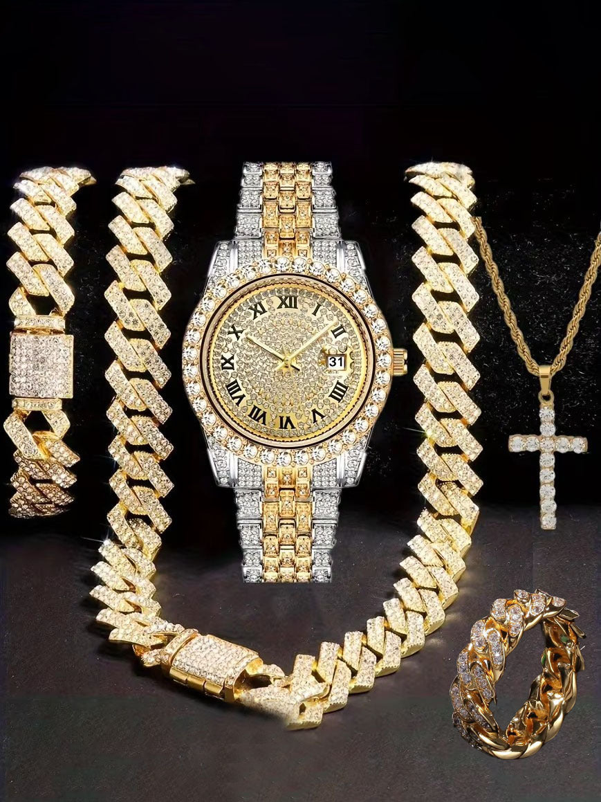 Diamond Watch🔥🔥🔥🔥 Five-Piece Diamond Cuban Chain Cross Necklace Cuban Ring