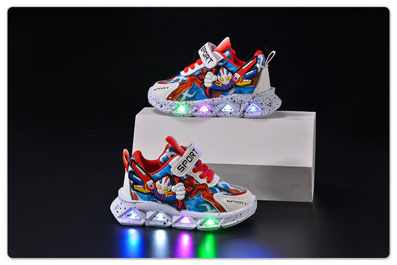 Spring and autumn 2025 new leather bright lights children's sneaker wholesale cartoon with lights boys soft bottom running shoes in stock