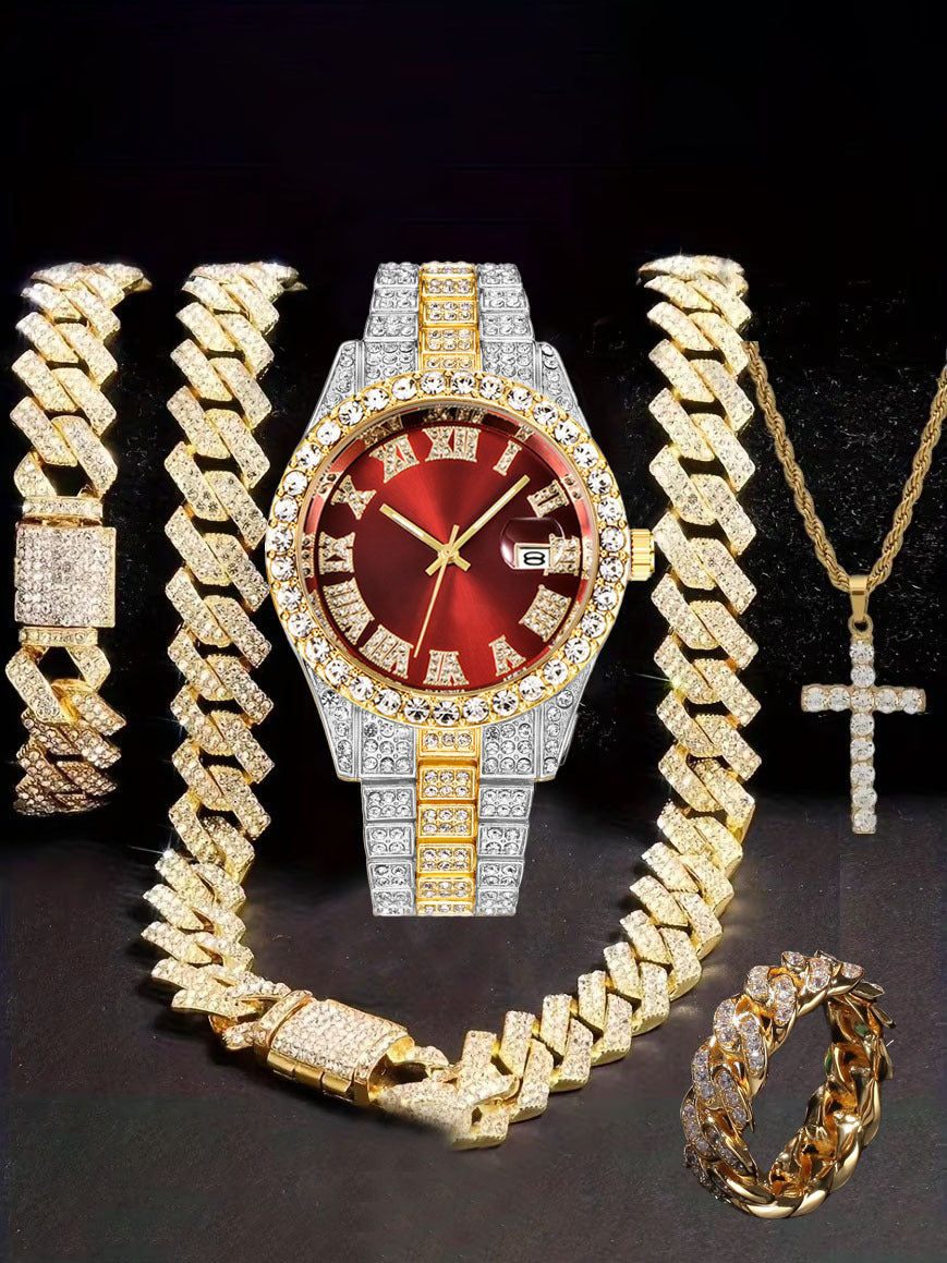 Diamond Watch🔥🔥🔥🔥 Five-Piece Diamond Cuban Chain Cross Necklace Cuban Ring