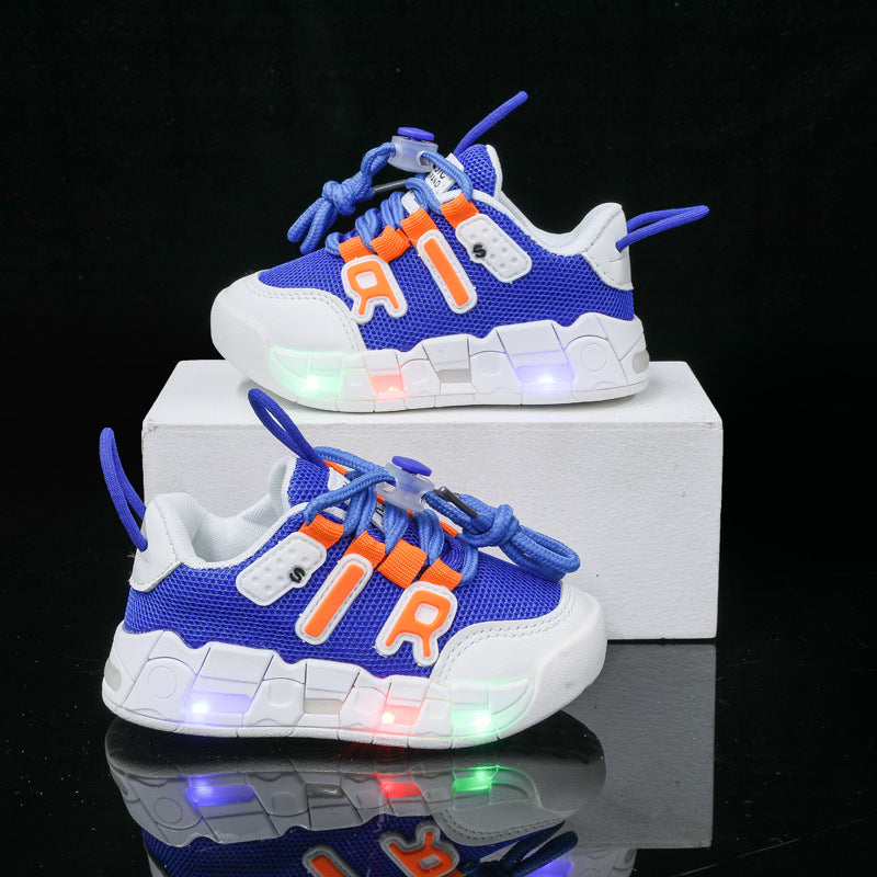 mesh sports shoes with lights children's shoes breathable casual boys and girls letters baby children's shoes in stock