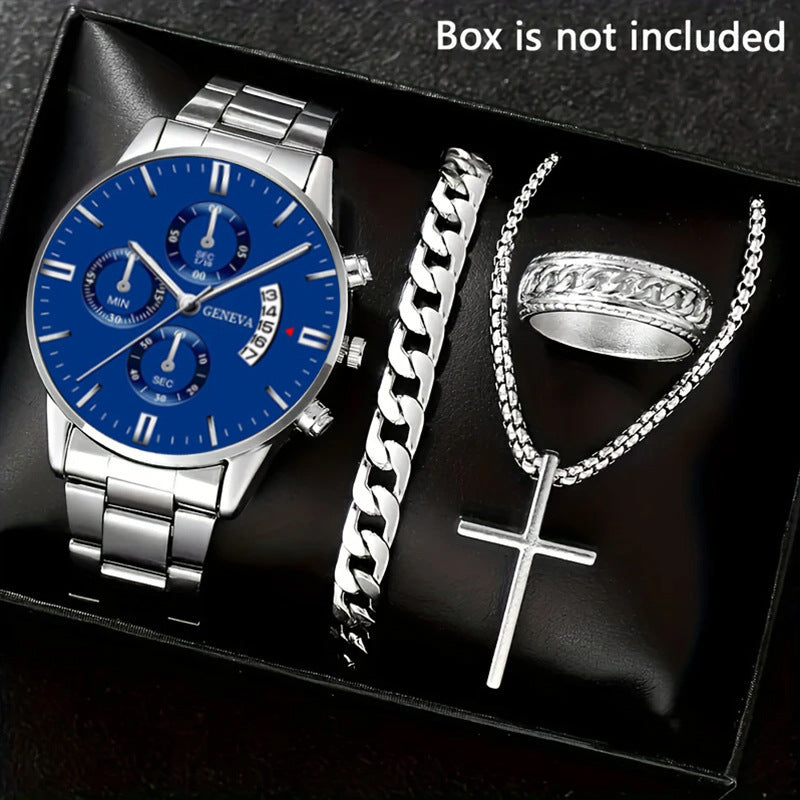 🔥🔥🔥🔥🔥Men's 4-piece Luxury Stainless Steel Quartz Watch with Calendar Gold Cross Necklace Bracelet and Ring