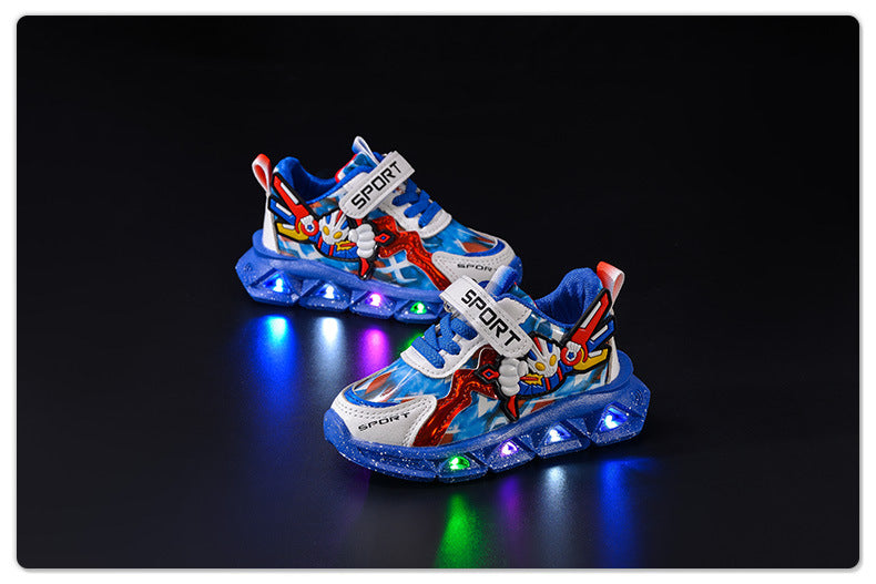 Spring and autumn 2025 new leather bright lights children's sneaker wholesale cartoon with lights boys soft bottom running shoes in stock