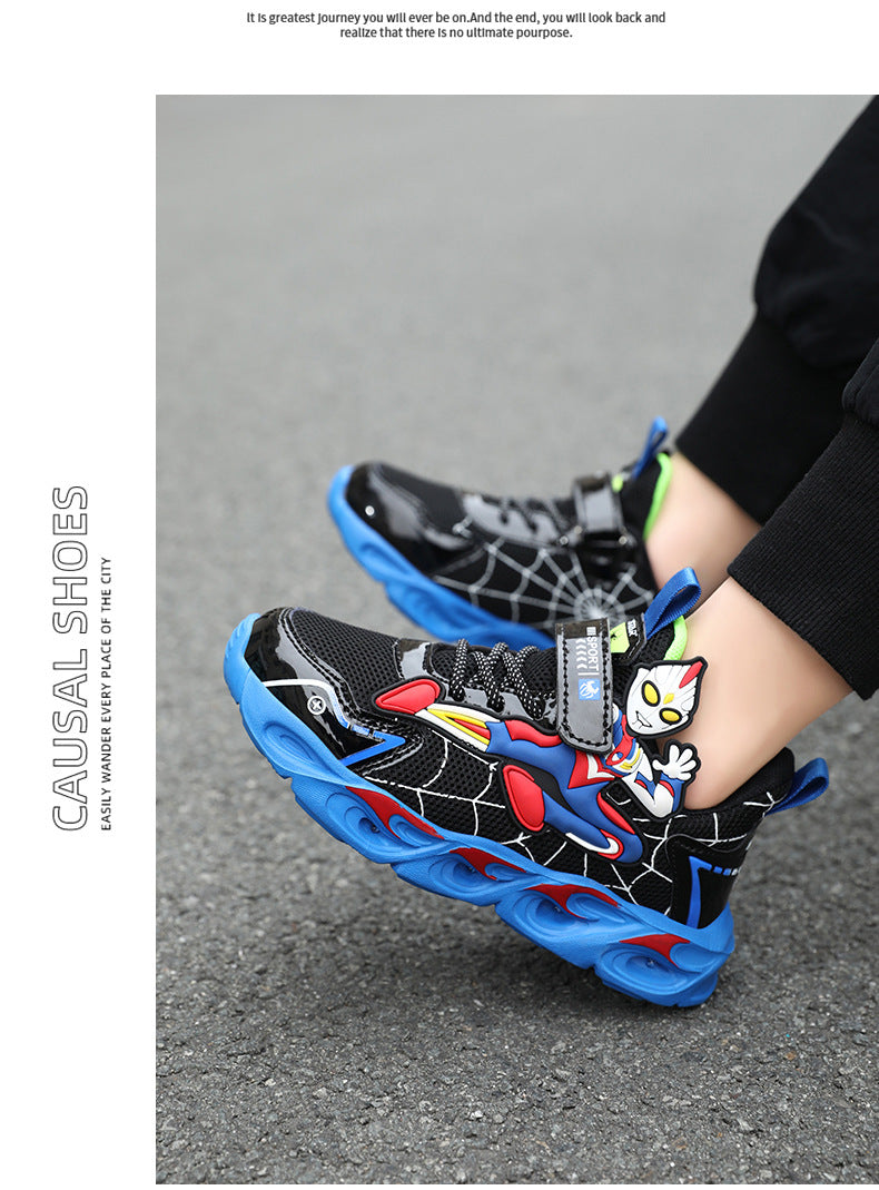 Boys' Shoes Anti-Slip Mid-Leat Running Shoes Leather with Lights Spider-Man Children's Sports Shoes Autumn Lightweight