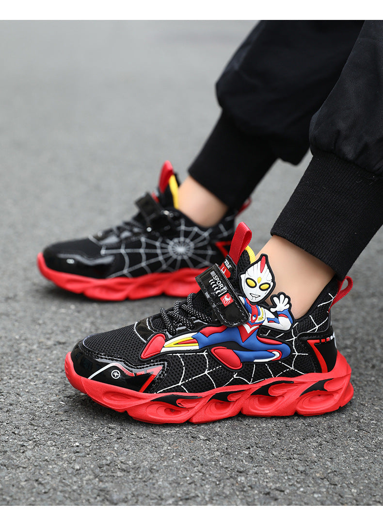 Boys' Shoes Anti-Slip Mid-Leat Running Shoes Leather with Lights Spider-Man Children's Sports Shoes Autumn Lightweight