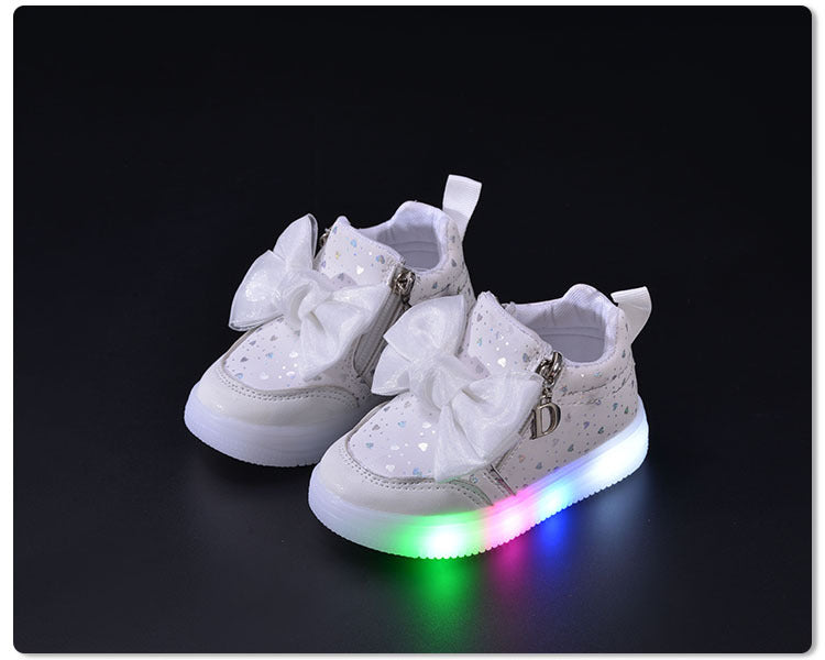 Spring and Autumn New Girls Princess LED Lighting Small and Medium Girls Casual Bow Sports Soft Sole Shoes Factory Outlet