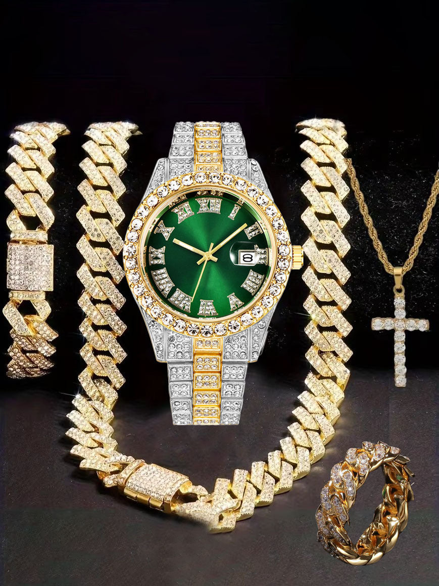 Diamond Watch🔥🔥🔥🔥 Five-Piece Diamond Cuban Chain Cross Necklace Cuban Ring