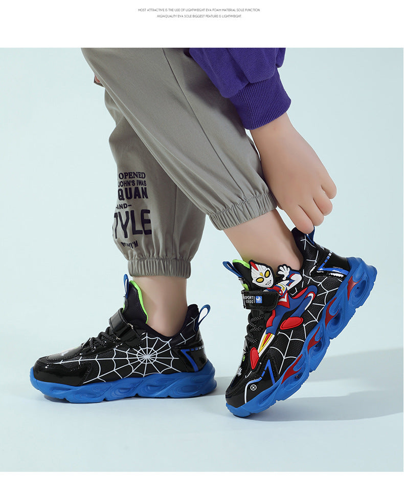 Boys' Shoes Anti-Slip Mid-Leat Running Shoes Leather with Lights Spider-Man Children's Sports Shoes Autumn Lightweight