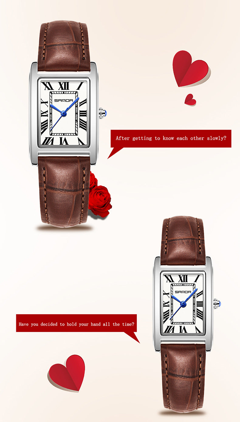 Sanda Live Hot Couple Watch Vintage Square Quartz Watch Waterproof Roman Scale Men's and Women's Watches
