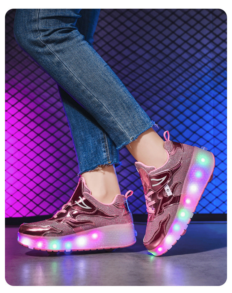 Factory Direct Sale Children's Light-Up Roller Shoes with Double Wheels, Invisible Student Roller Skates with Wheels for Walking, Suitable for Girls