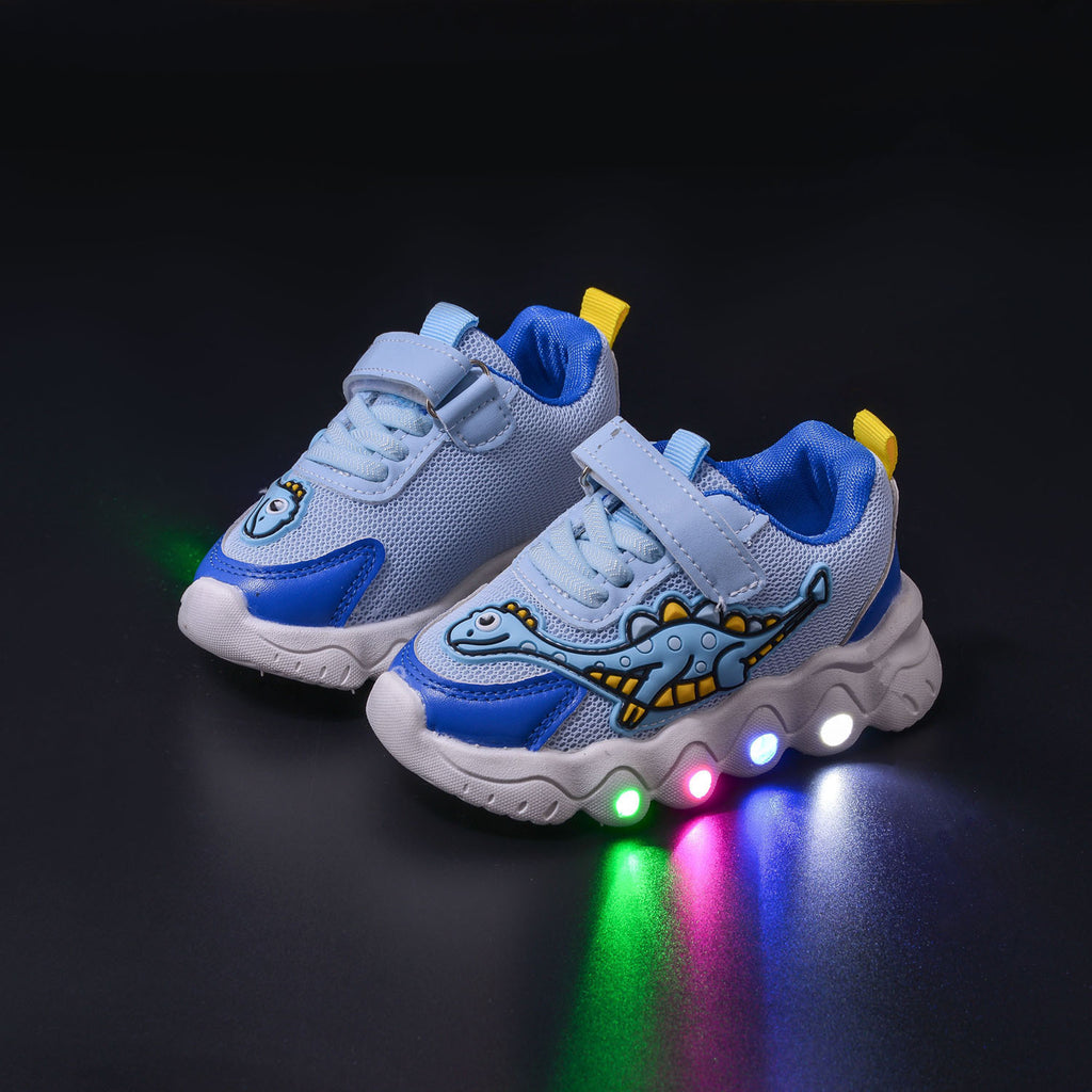 Spring New Style Dinosaur Led Light Sneakers for Boys and Girls Spring & Fall New Mesh Breathable Casual Light Shoes for Children