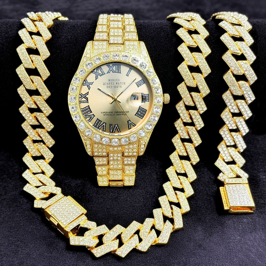 Diamond-Encrusted Watches,🔥🔥🔥🔥 Diamond-Shaped Cuban Bracelets and Necklaces, Three-Piece Set