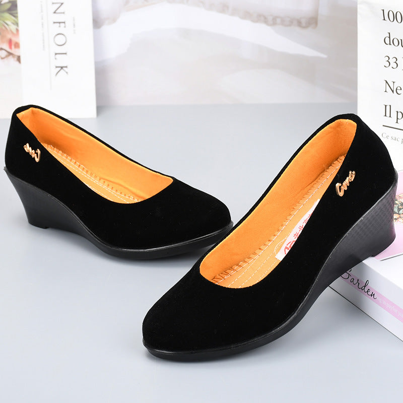 Black Polyurethane Shoes with Thick Soles and Wedge Heels, Women's Shoes