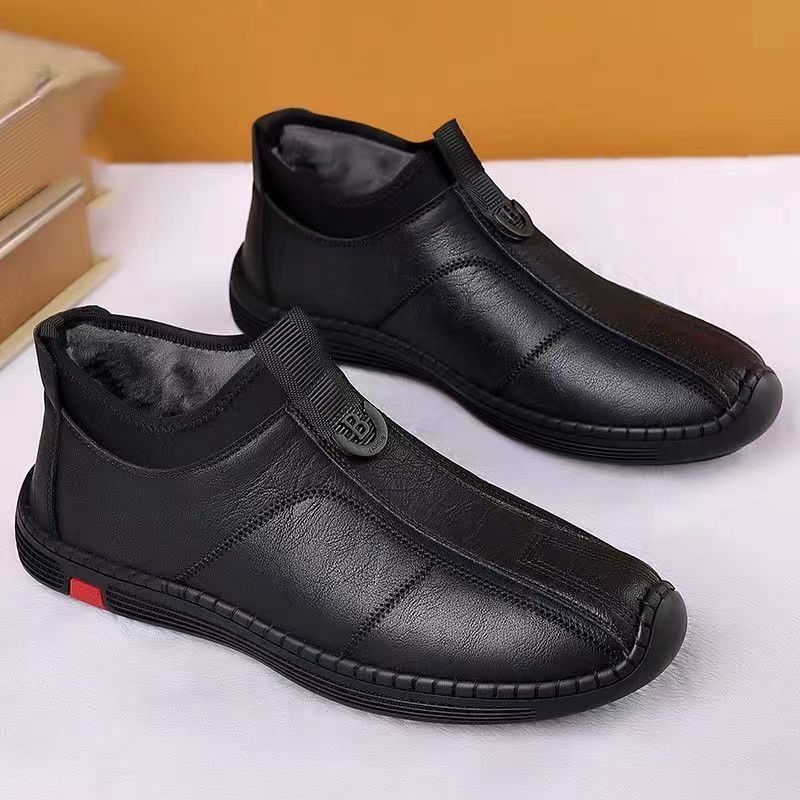 New Men's Single Cotton Casual Leather Shoes fleece-lined Warm High-top Soft Bottom Dad Shoes Simple Fashion Men's Cotton Shoes