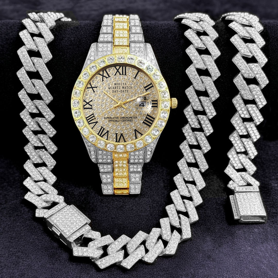 Diamond-Encrusted Watches,🔥🔥🔥🔥 Diamond-Shaped Cuban Bracelets and Necklaces, Three-Piece Set